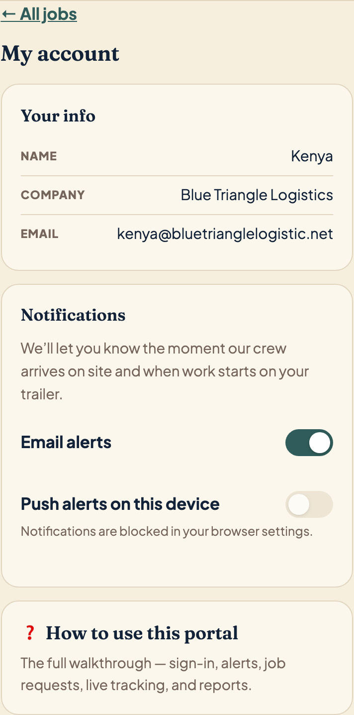 Account view with the Email alerts and Push alerts toggles