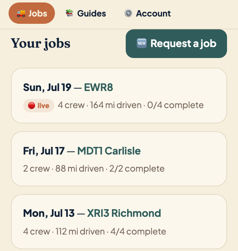 Jobs list with the Jobs, Guides and Account tabs