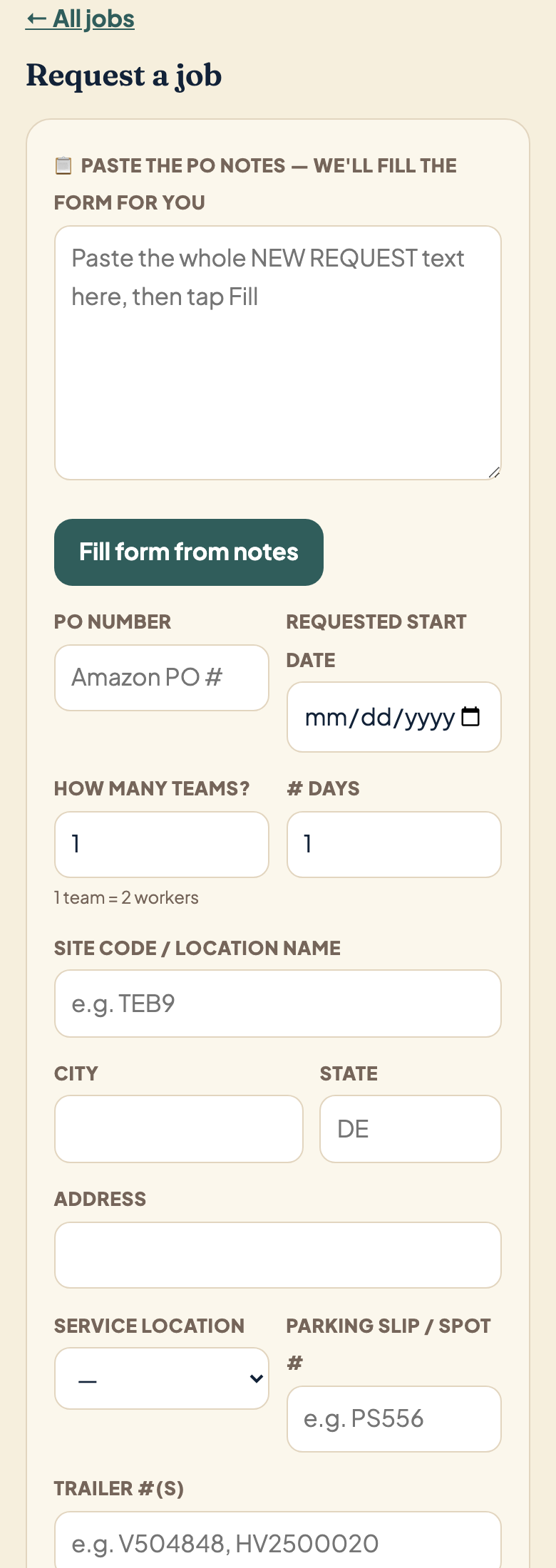 Top of the job request form with the paste box